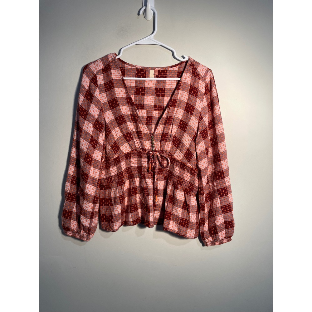 Anthropologie Red & Pink Plaid Peplum Blouse - Picture 2 of 10